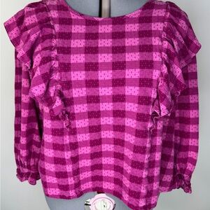 Terra & Sky Shirt Womens 2X Pink Plaid Ruffle Sleeve Textured Blouse Top